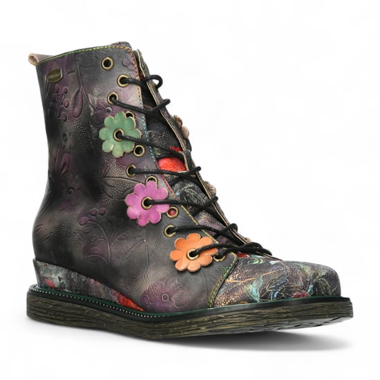 Botas de tacón de tobillo de cuero victoriano gótico para mujer Laura Vita Ercnaulto 212 con diseño floral gris - Image 3