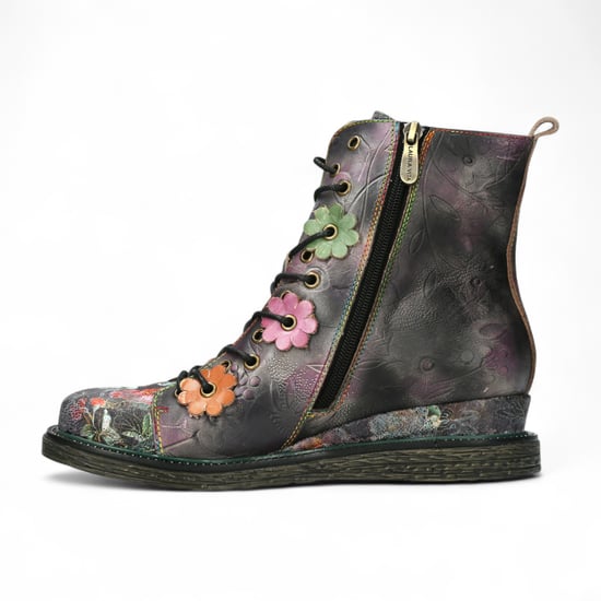 Botas de tacón de tobillo de cuero victoriano gótico para mujer Laura Vita Ercnaulto 212 con diseño floral gris - Image 5