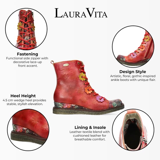 Botas de tacón de tobillo de cuero victoriano gótico para mujer Laura Vita Ercnaulto 212 con diseño floral rojo - Image 2