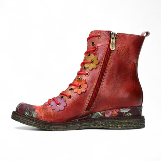 Botas de tacón de tobillo de cuero victoriano gótico para mujer Laura Vita Ercnaulto 212 con diseño floral rojo - Image 4