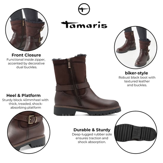 Botines Tamaris de invierno para mujer, de piel marrón moca, con hebilla y cremallera - Image 2