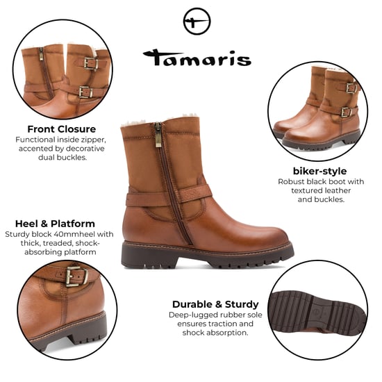 Botines Tamaris para mujer, estilo motero, de piel color coñac, marrón tostado y con hebilla y cremallera, para invierno - Image 2