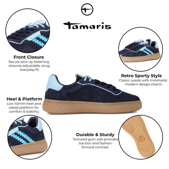 Zapatillas Tamaris de cuero azul marino con cordones y rayas para mujer - Image 2