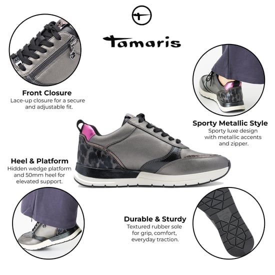 Zapatillas deportivas Tamaris para mujer, con cordones, cremallera y diseño moderno en color peltre, plateado y rosa - Image 2
