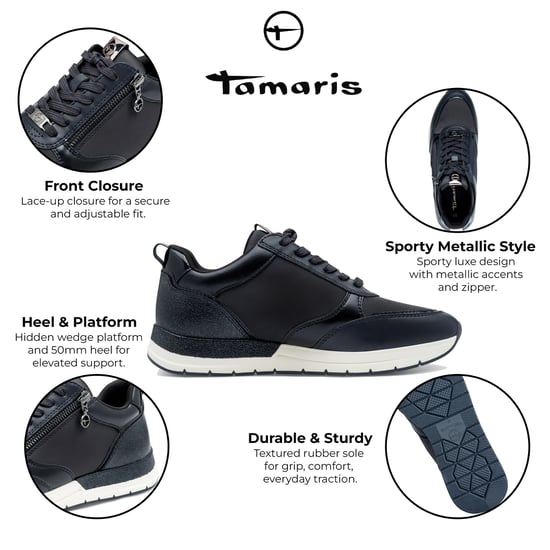 Zapatillas deportivas Tamaris para mujer, color azul marino, con cordones y cremallera - Image 2