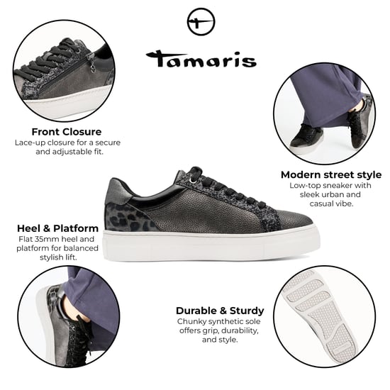 Zapatillas Tamaris para mujer de piel sintética color peltre y plateado con cordones - Image 2