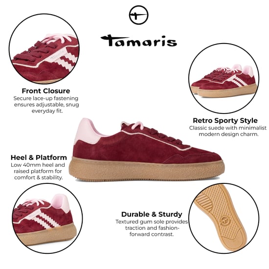 Zapatillas Tamaris para mujer de piel color burdeos, color merlot y rojo, con cordones y rayas. - Image 2
