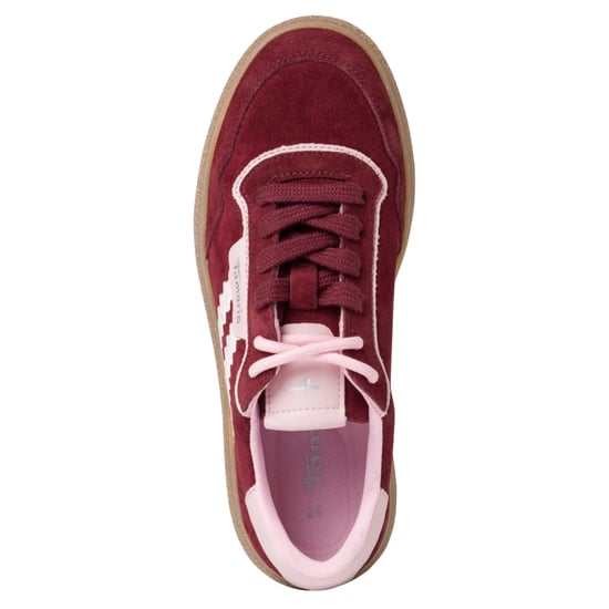 Zapatillas Tamaris para mujer de piel color burdeos, color merlot y rojo, con cordones y rayas. - Image 5