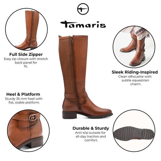 Botas de montar hasta la rodilla Tamaris para mujer, de cuero marrón coñac y tostado - Image 2
