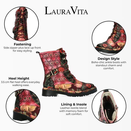 Botas altas hasta el tobillo de cuero victoriano gótico para mujer con diseño floral rojo Laura Vita Incaso 36 - Image 2