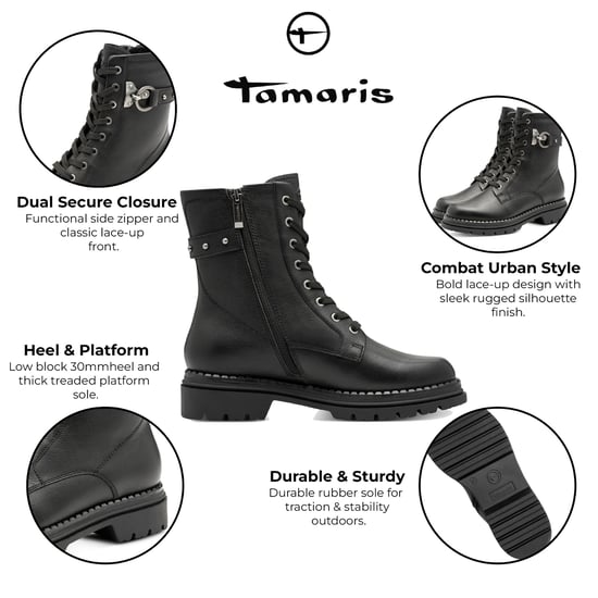 Botines Tamaris de combate con cordones y cremallera de cuero negro para mujer - Image 2