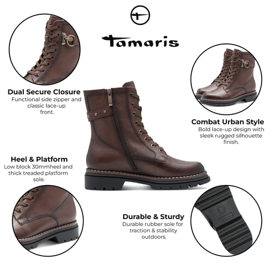 Botines Tamaris de combate con cordones y cremallera en cuero marrón para mujer - Image 2