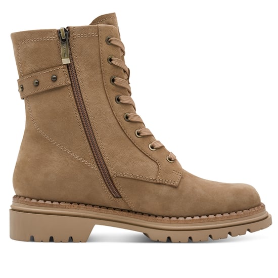Botines Tamaris de combate con cordones y cremallera en piel beige camel para mujer - Image 1
