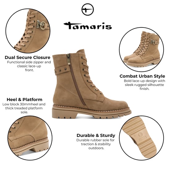 Botines Tamaris de combate con cordones y cremallera en piel beige camel para mujer - Image 2
