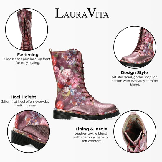 Botas altas de cuero victoriano gótico para mujer Laura Vita Incaso-18 con diseño floral burdeos - Image 2