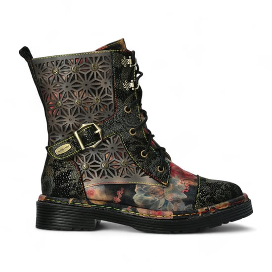 Botas altas hasta el tobillo de cuero victoriano gótico con diseño floral negro Laura Vita Incaso 36 para mujer - Image 1