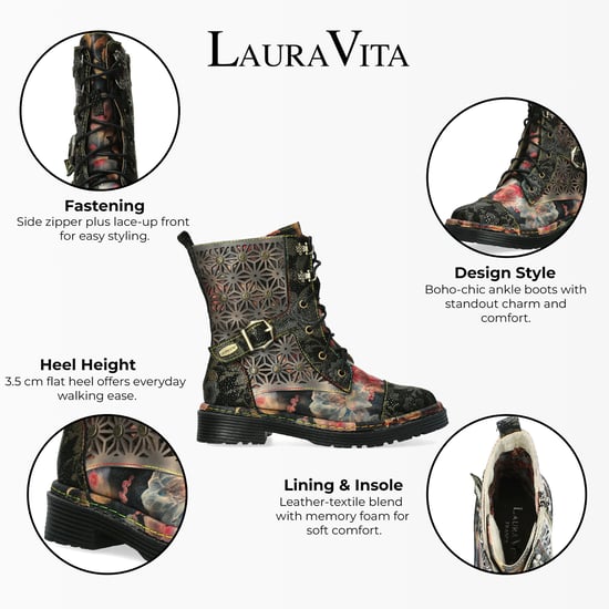Botas altas hasta el tobillo de cuero victoriano gótico con diseño floral negro Laura Vita Incaso 36 para mujer - Image 2