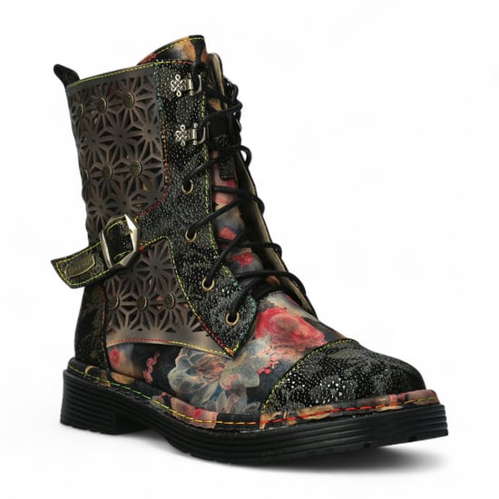 Botas altas hasta el tobillo de cuero victoriano gótico con diseño floral negro Laura Vita Incaso 36 para mujer - Image 3
