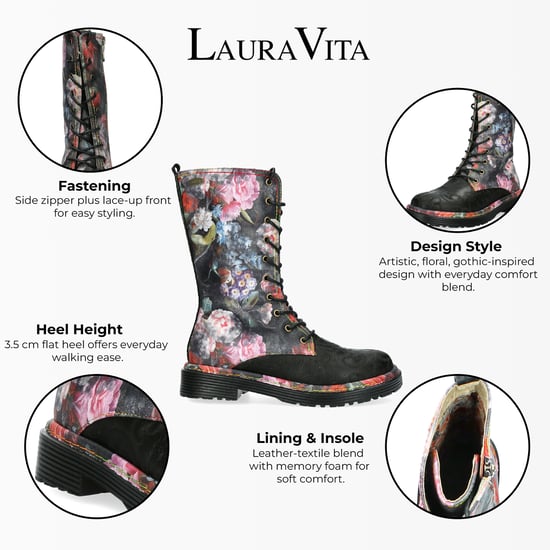 Botas altas de cuero victoriano gótico para mujer Laura Vita Incaso-18 con diseño floral negro - Image 2