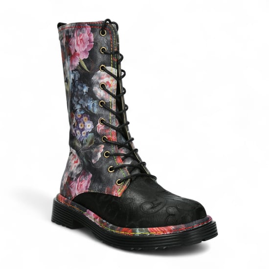 Botas altas de cuero victoriano gótico para mujer Laura Vita Incaso-18 con diseño floral negro - Image 3