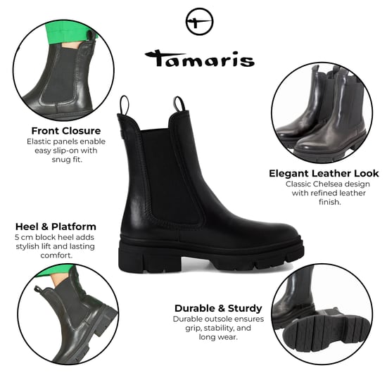 Botines Chelsea altos clásicos de piel negra Tamaris para mujer - Image 2