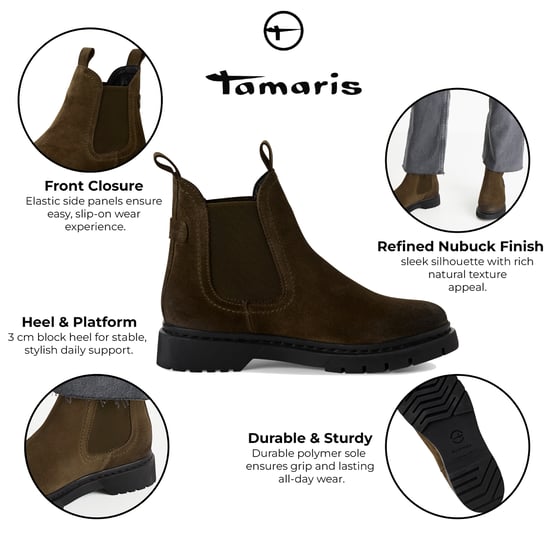 Botines Chelsea clásicos de ante verde oliva para mujer de Tamaris - Image 2