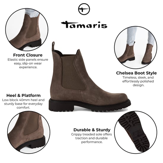 Botines Chelsea altos clásicos de piel marrón topo para mujer de Tamaris - Image 2