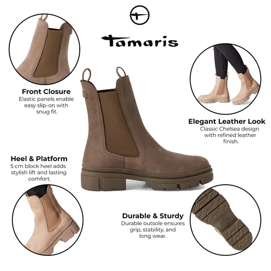 Botines Chelsea altos clásicos de Tamaris para mujer, de piel marrón Dune Taupe - Image 2