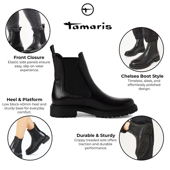 Botines Chelsea altos clásicos de piel negra para mujer de Tamaris - Image 2