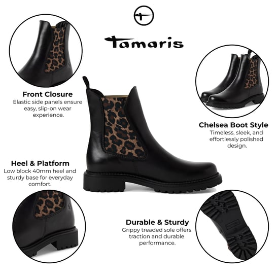 Botines Chelsea altos clásicos de piel de leopardo negra para mujer de Tamaris - Image 2