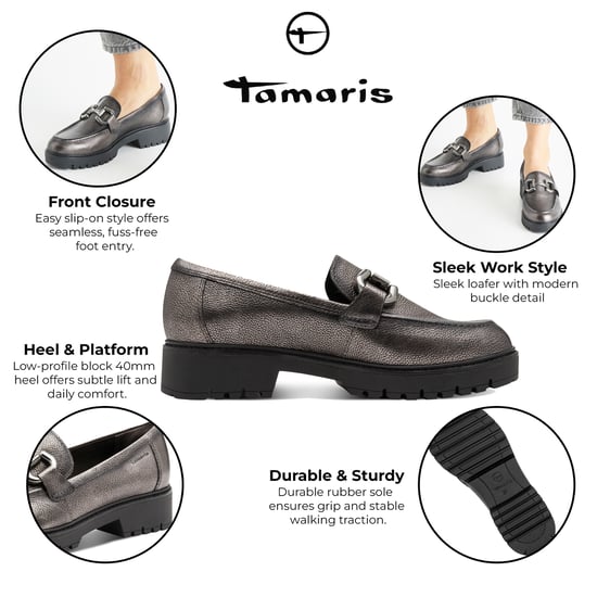 Mocasines Tamaris de piel color peltre y plata para mujer, sin cordones y con plataforma - Image 2