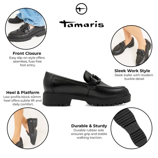 Mocasines Tamaris de piel negra para mujer, con plataforma y cierre de cordones - Image 2