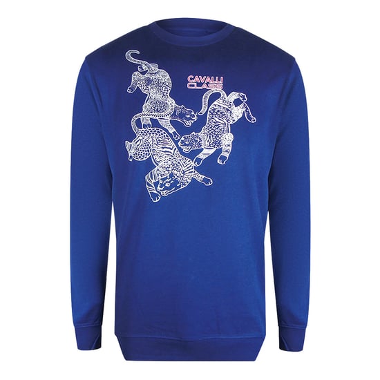 Sudadera Cavalli Class Con Cuello Redondo En Azul Iris Y Estampado De Leopardo Y Cachemira - Image 1