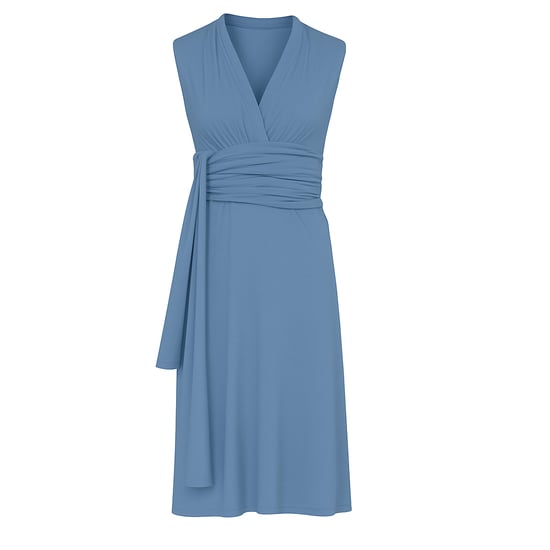 Vestido de jersey azul claro polvoriento sin mangas con lazo en la cintura en viscosa y elastano - Image 1