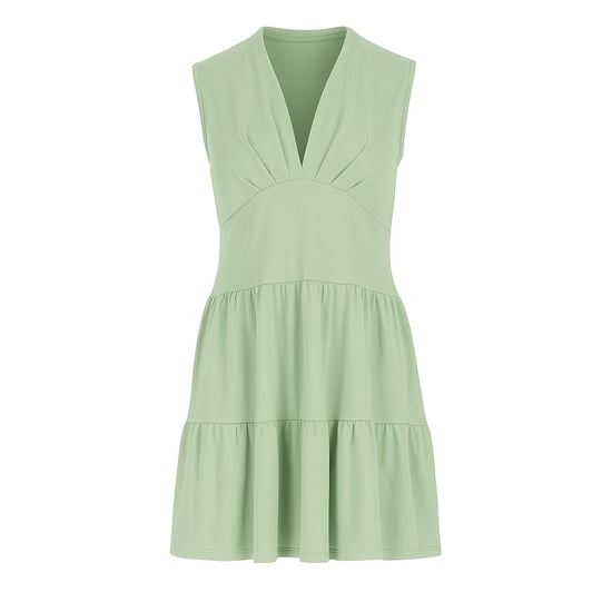 Vestido de jersey verde claro sin mangas con cuello en V, corte holgado y largo hasta la rodilla - Image 1