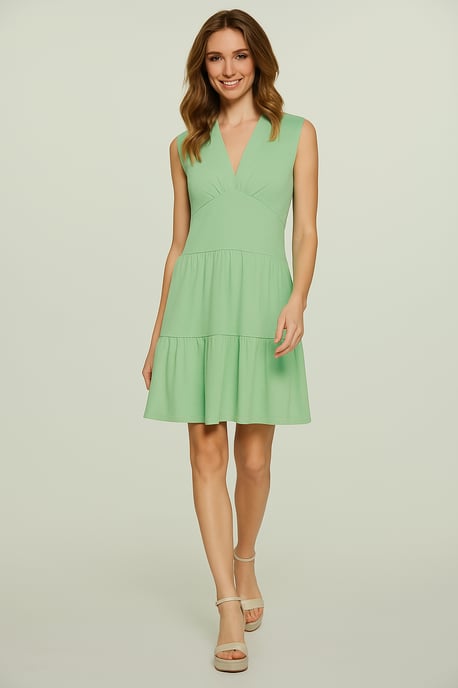 Vestido de jersey verde claro sin mangas con cuello en V, corte holgado y largo hasta la rodilla - Image 2