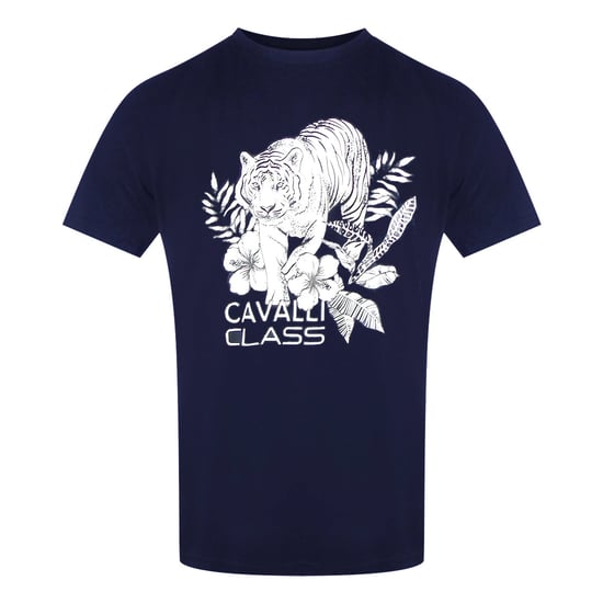 Camiseta Azul Marino Con Logo Floral De Tigre De Cavalli Class - Image 1