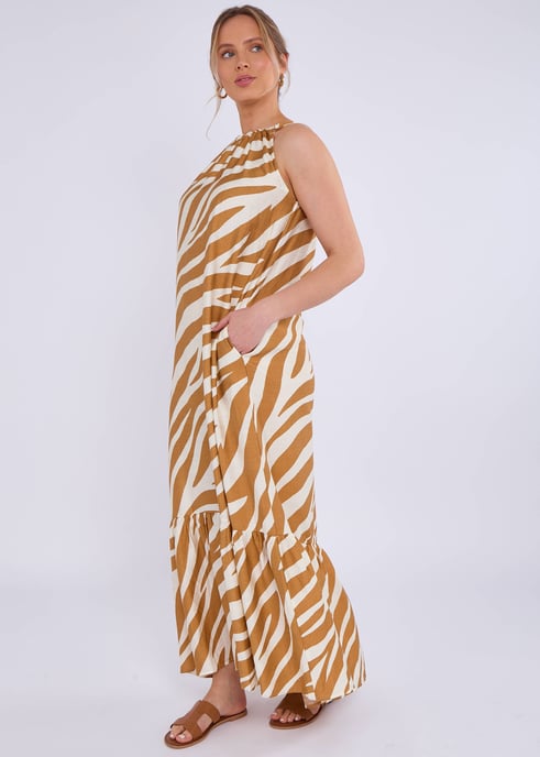 Maxi Vestido Marrón Cuello Halter Estampado Cebra - Image 3