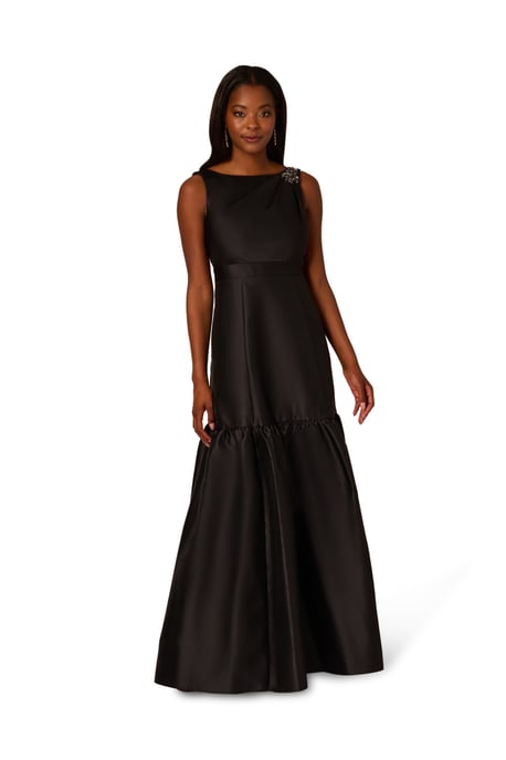 Mikado Flounce Shirred Gown in Black - Image 1