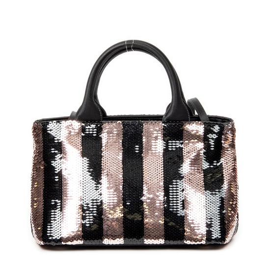 Prada Mini Sequin Canapa Tote en Rosa/Negro Lienzo - Image 1