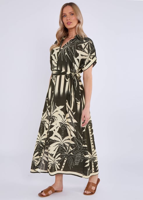 Vestido camisero midi caqui con estampado tropical - Image 3
