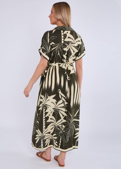 Vestido camisero midi caqui con estampado tropical - Image 4