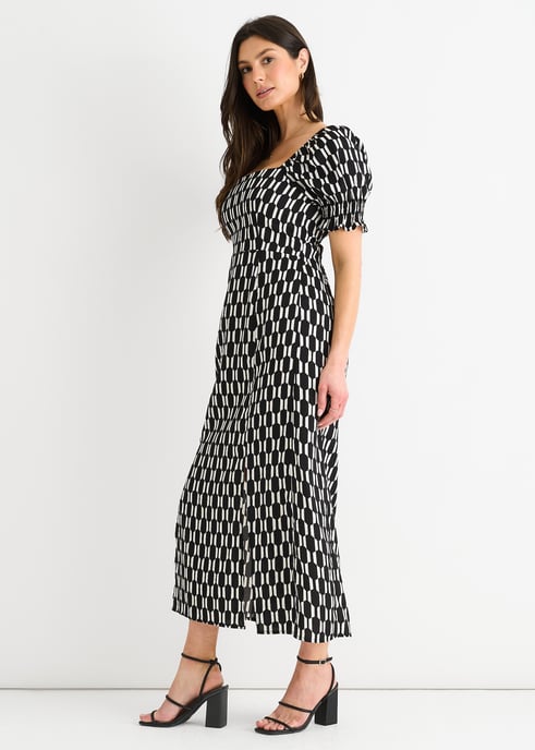 Vestido midi negro con estampado geométrico y cuello cuadrado - Image 3