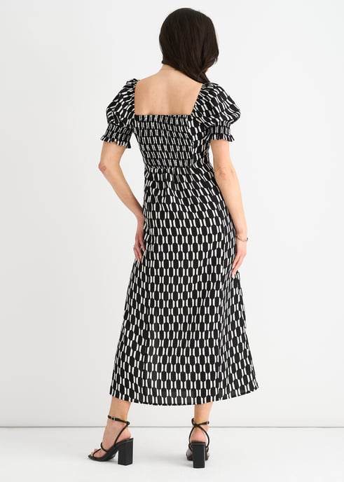 Vestido midi negro con estampado geométrico y cuello cuadrado - Image 4