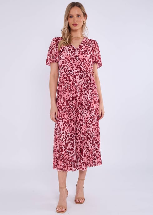 Vestido midi plisado con estampado animal rosa - Image 1