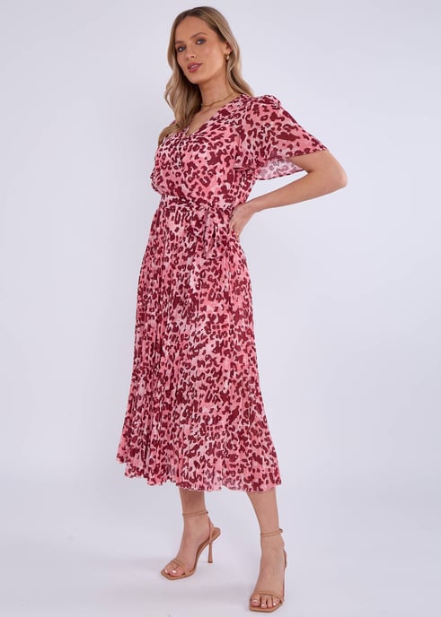 Vestido midi plisado con estampado animal rosa - Image 3