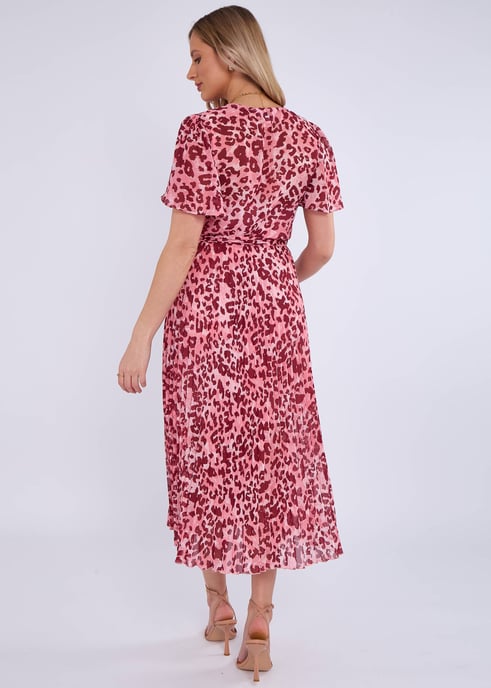 Vestido midi plisado con estampado animal rosa - Image 4