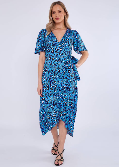 Vestido cruzado de viscosa azul con estampado animal - Image 1