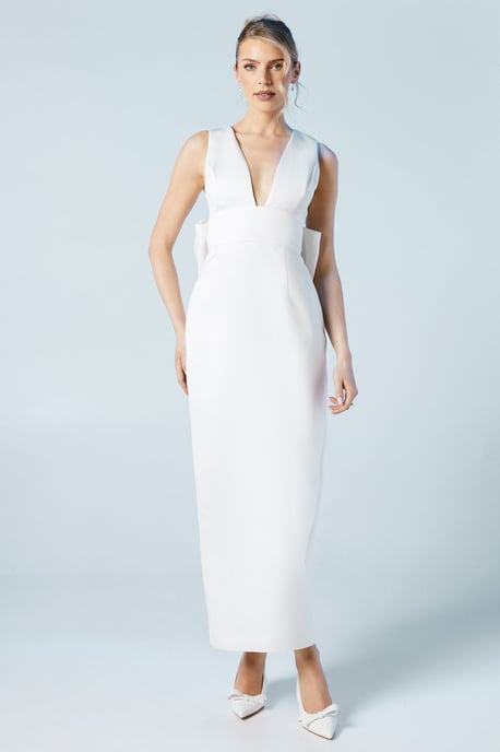 Plunge Neck Structured Satin Bow Back Wedding Dress - Image 2