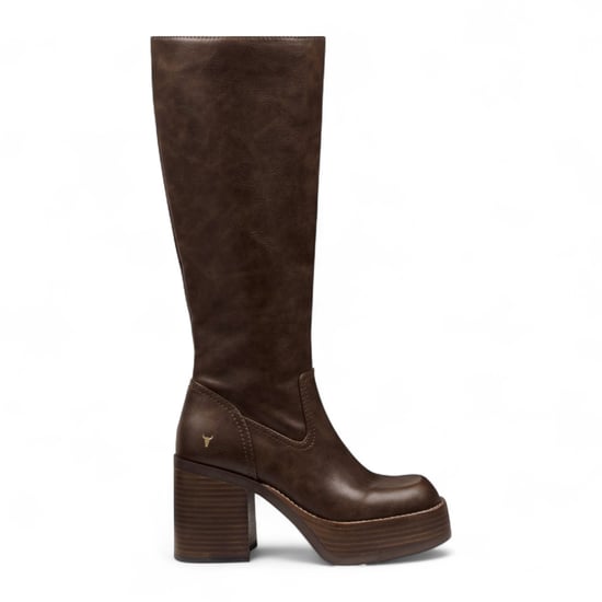 Botas Windsorsmith de piel sintética marrón roble con plataforma hasta la rodilla para mujer - Niche - Image 1